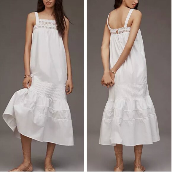 NEW Maude Club Revolve Sylvie Midi Dress White Cotton Sleeveless Square-Neck Tie - Picture 1 of 15